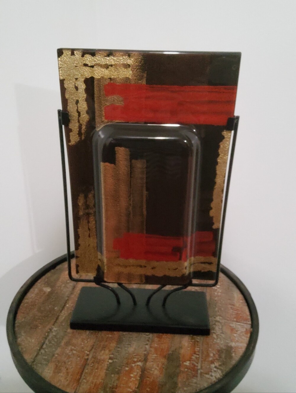 Decorative Abstract Glass Art Panel in Black, Red and Gold - Unbranded